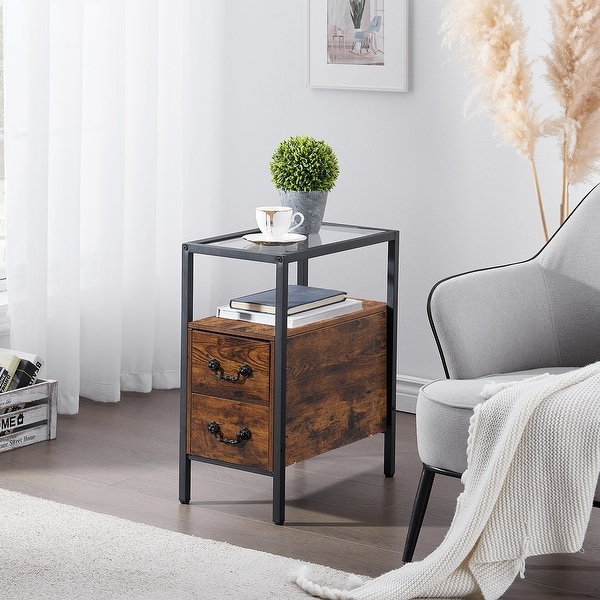 VECELO 2-Drawer Modern Narrow End Table with Glass Top