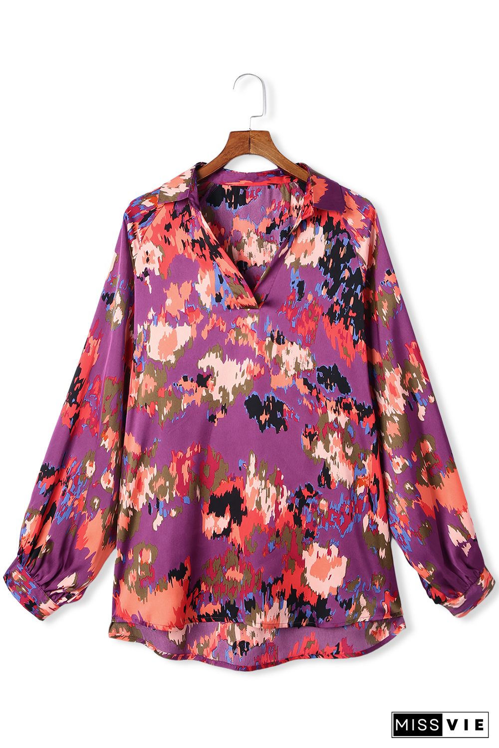 Purple Plus Size Abstract Print V-Neck Long Sleeve Blouse