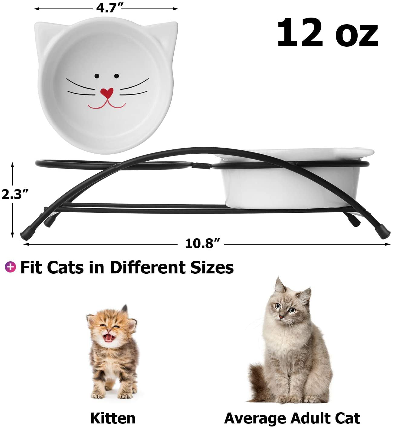 Y YHY Cat Food Bowls, Raised Cat Bowls for Food and Water, Ceramic Cat Bowls Elevated, Cat Dishes for Cat or Small Dogs,12 Ounces, Cute Cat Design, Dishwasher Safe