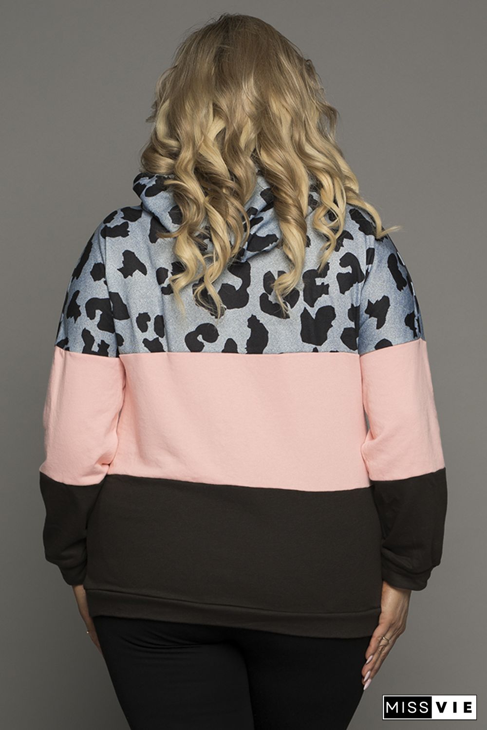 Plus Size Leopard Colorblock Splicing Hoodie with Pocket