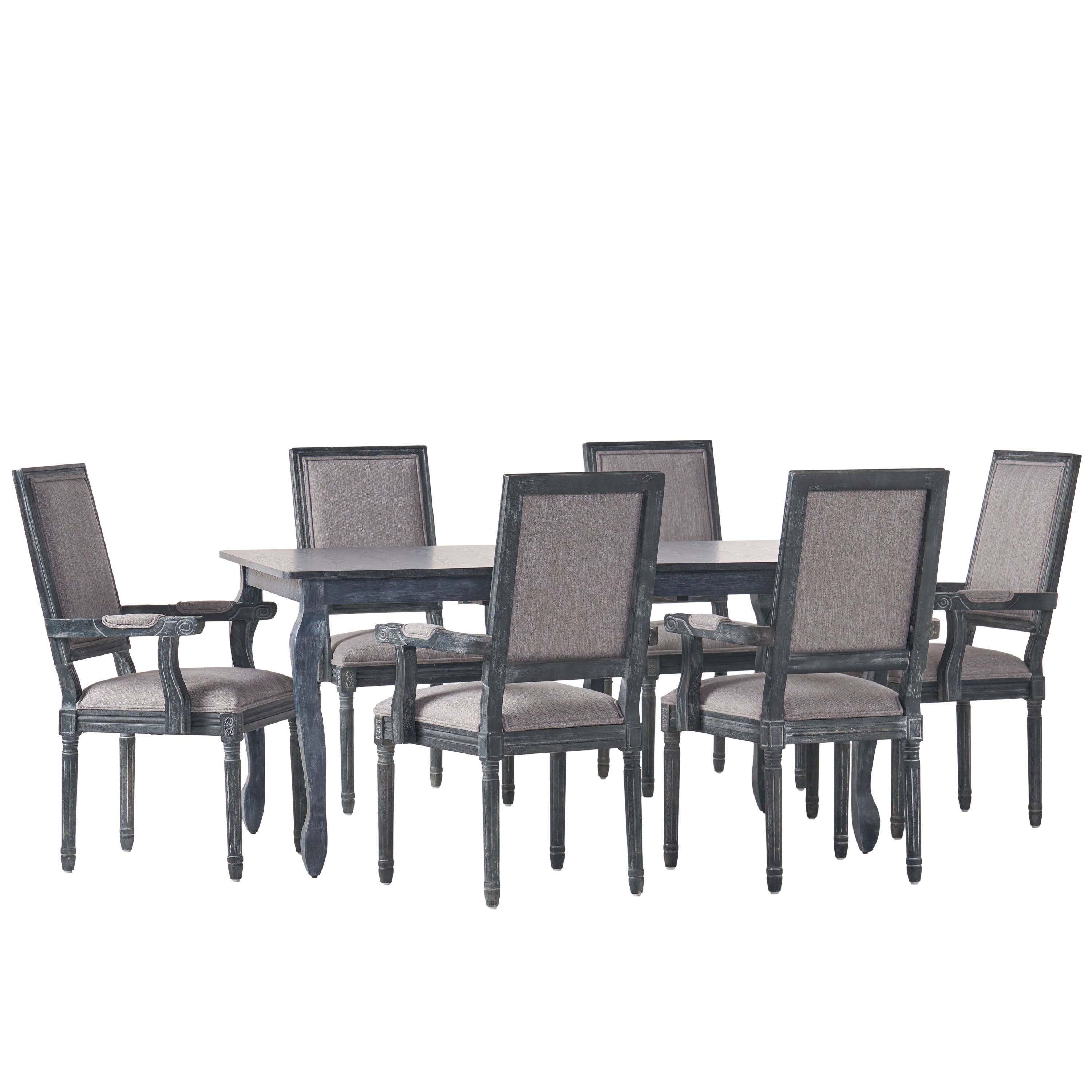 Regan French Country Fabric Upholstered Wood Expandable 7 Piece Dining Set