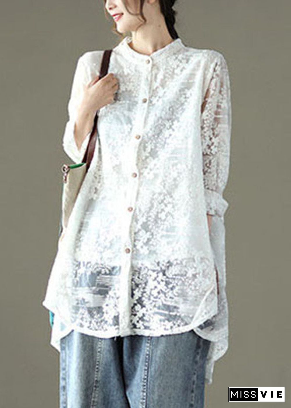 Loose White Hollow Out Lace UPF 50+ Shirts Long Sleeve