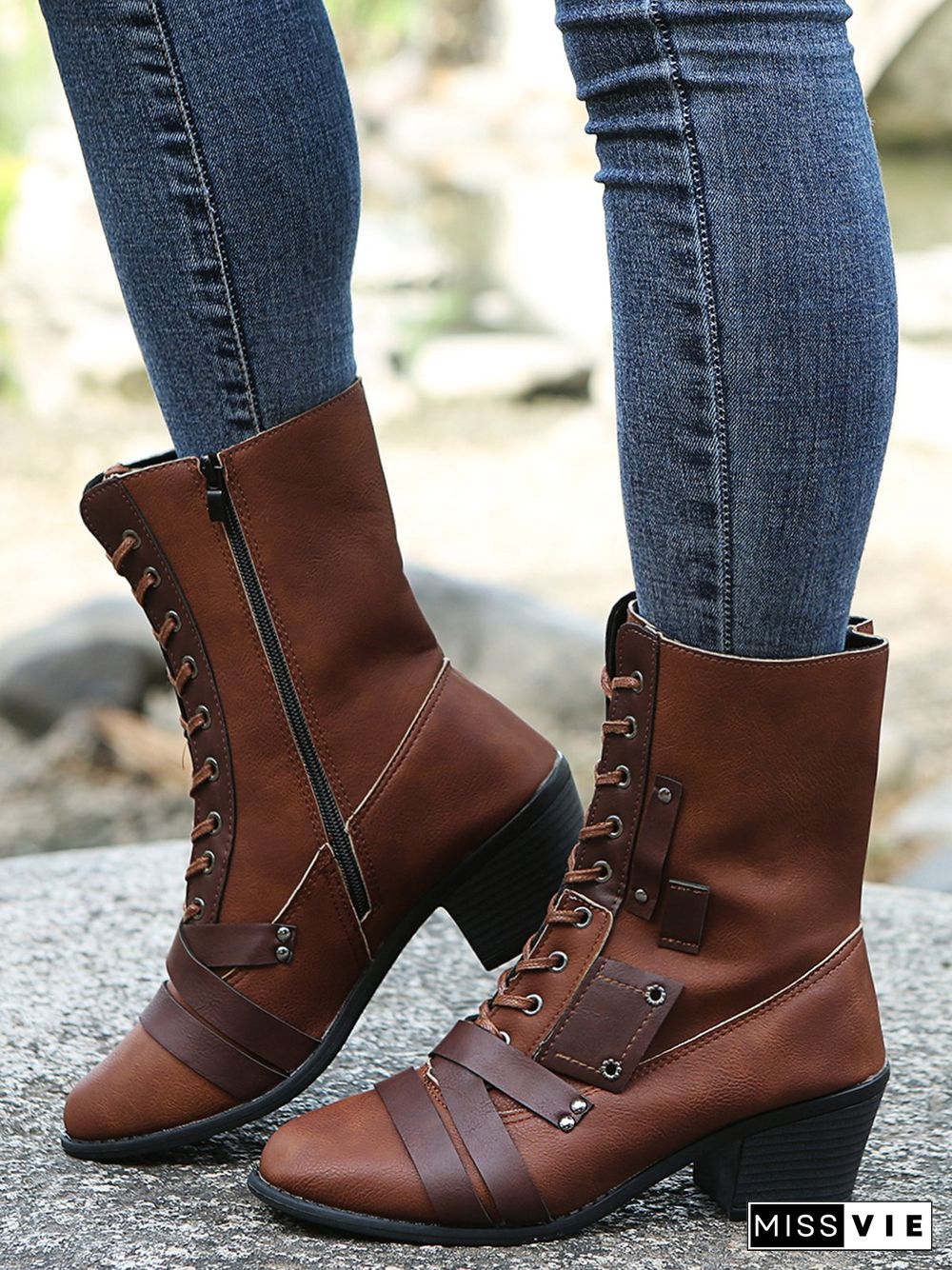 Women's Retro Comfy Chunky-heel Lace-up Riding Riding Boots