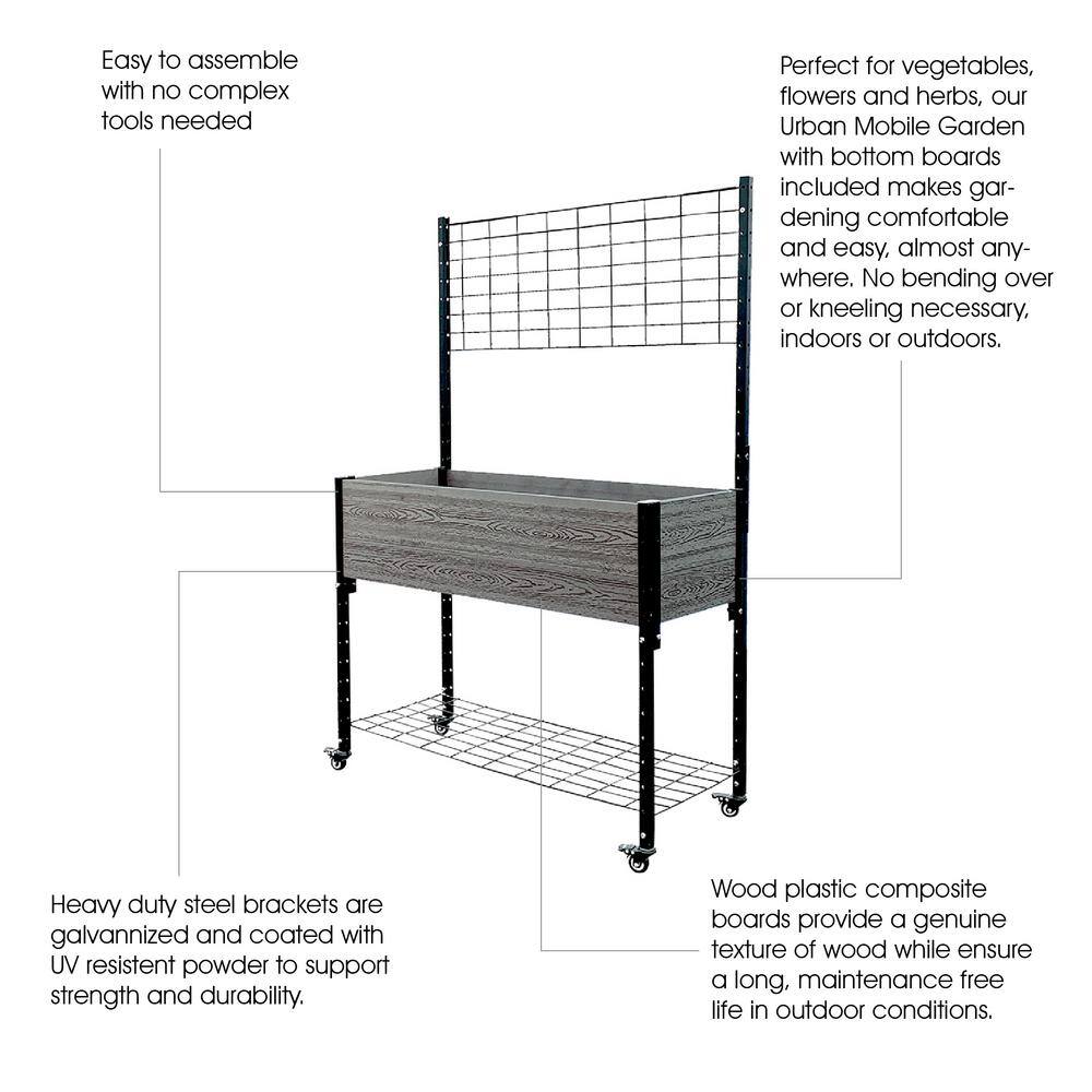 EverBloom 19 in. D x 36 in. H x 45 in. W Grey and Black Composite Mobile Garden Planter Raised Bed with Trellis and Under Shelf K2101G