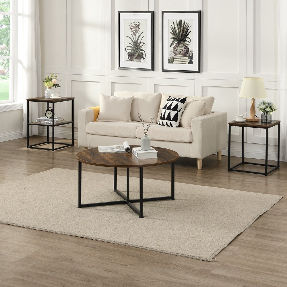 Myhozm 3 piece Round Coffee and Side Table Set with Open Shelves