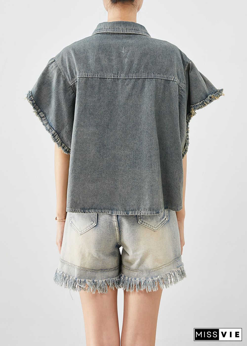 Boutique Blue Grey Chinese Button Denim Shirt Top Butterfly Sleeve