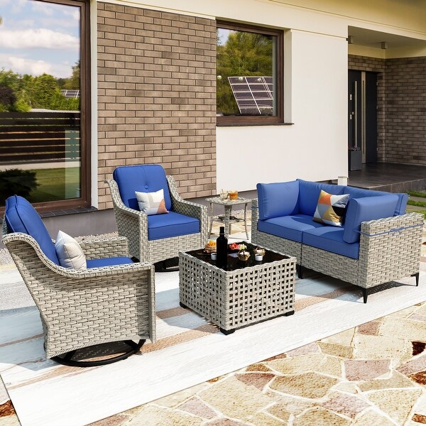 OVIOS 6 Pieces Outdoor Wicker Swivel Chair Set With SolarPowered Coffee Table