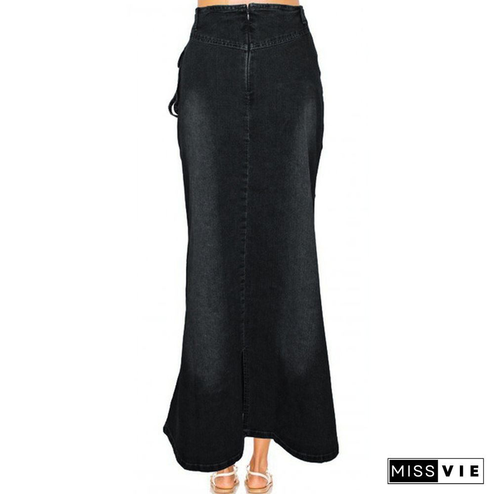 Women Fashion Casaul Stretch Cargo Denim Skirt Bell Skirt Floor Length Washed Denim Jeans Skirt Plus Size