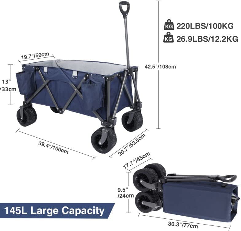 REDCAMP Folding Wagon Cart with Extra Wide Wheels, Heavy Duty Collapsible Utility Beach Wagon for Sand, Blue