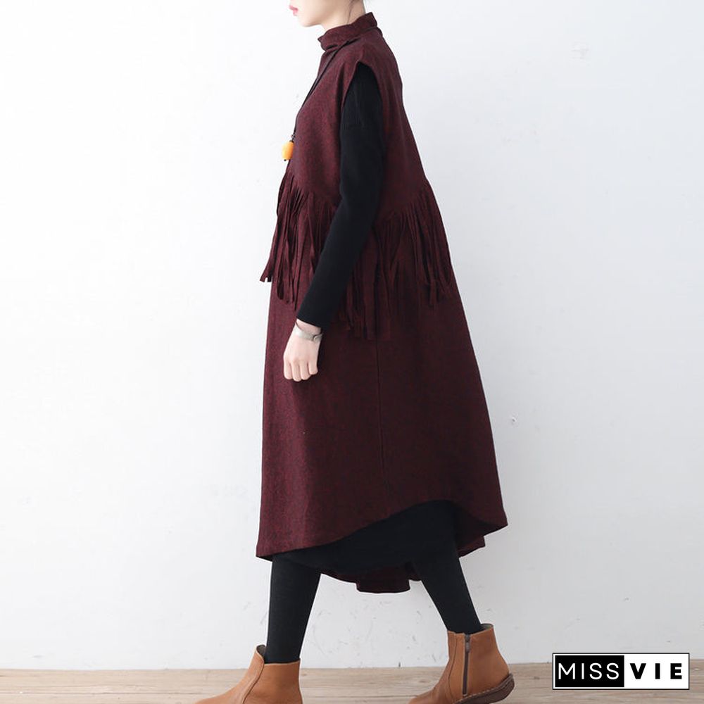 Fine burgundy long woolen trendy plus size tassel fall dresses Elegant asymmetric hem winter dress