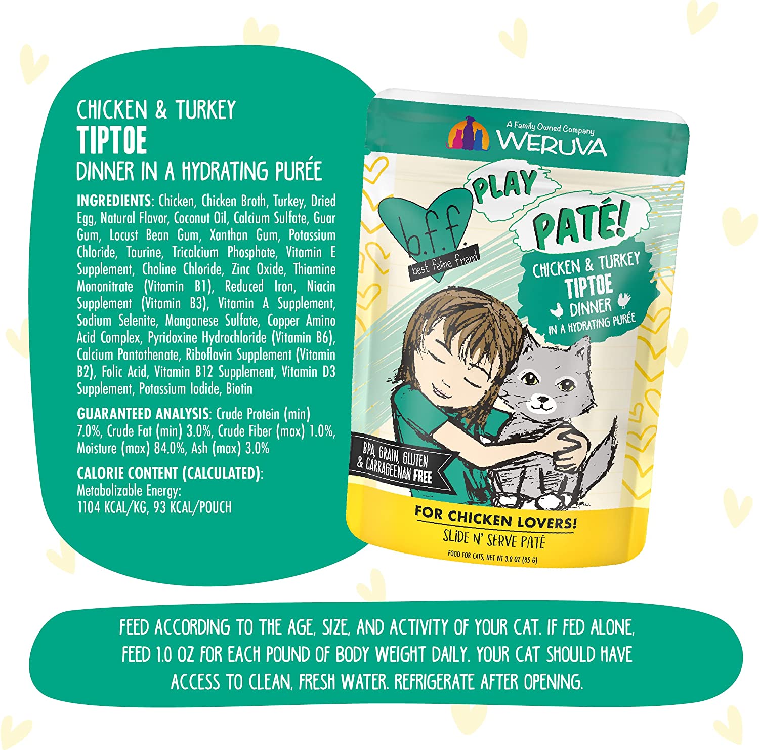 Weruva Wet Cat Food B.F.F. PLAY - Best Feline Friend Paté Lovers， Aw Yeah!， Chicken and Turkey Tiptoe with Chicken and Turkey， 3oz Pouch (Pack of 12)