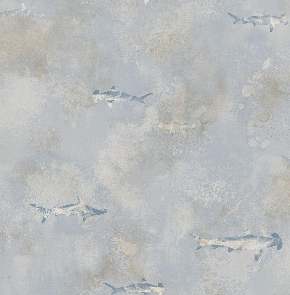 Sharks Wallpaper in Grey, Blue, and Silver from the Aerial Collection