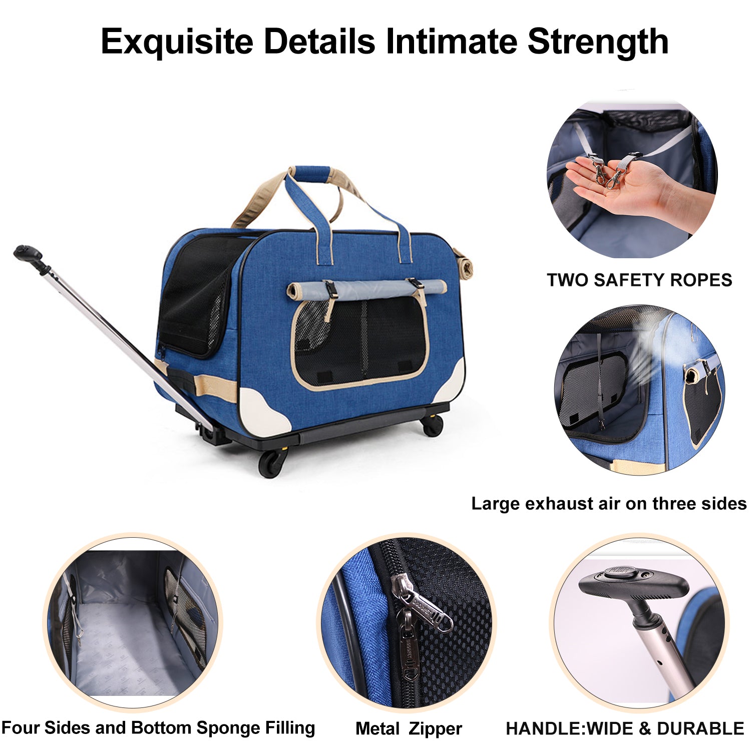 ELEGX Pet Rolling Carrier with Wheels for Up to 35 LBS，with Durable Handle and Flexible Wheels，Four Sides and Bottom Sponge Filling(Large Space-Not Airline Approved)