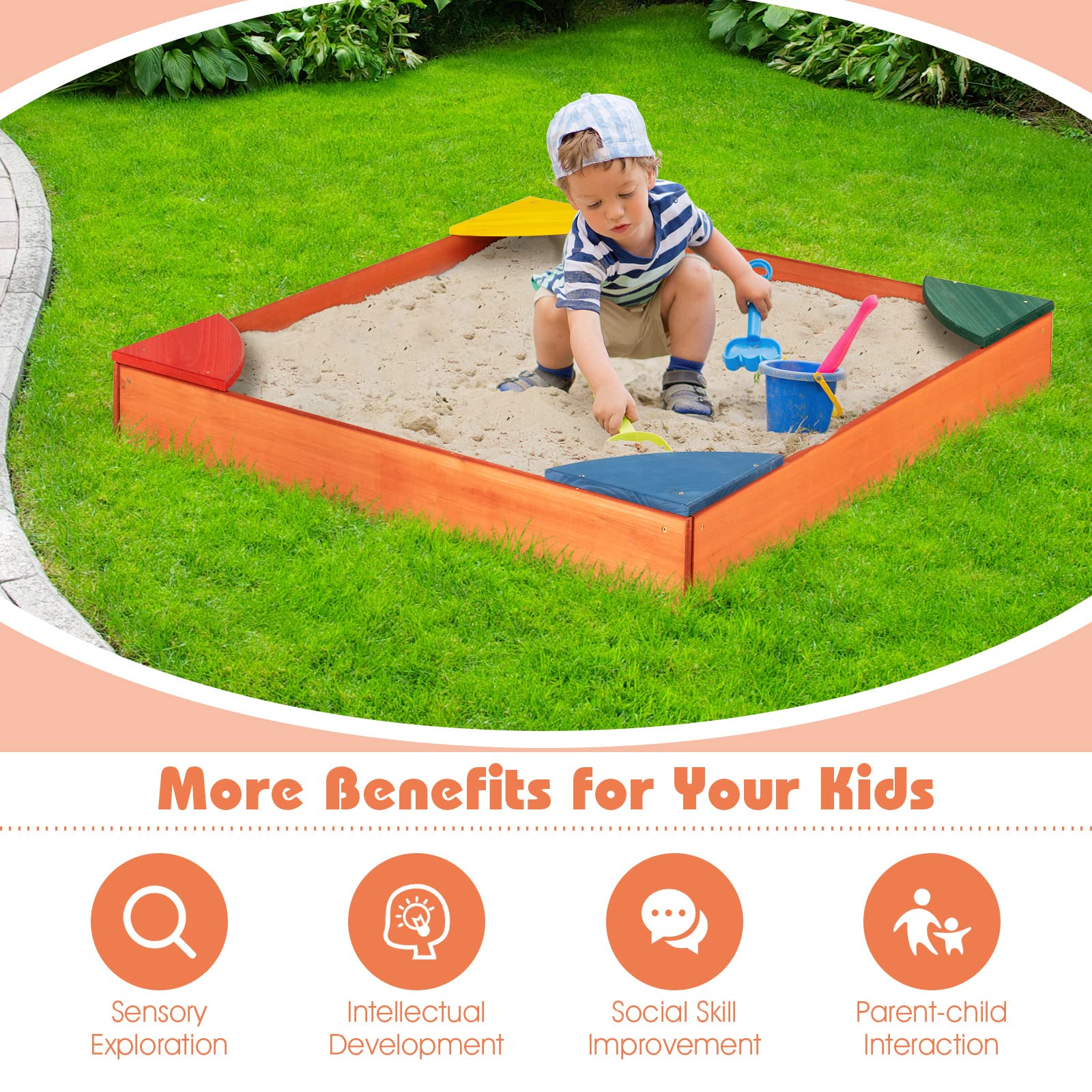 Costzon Kids Wooden Sandbox, Outdoor Sand Pit with Bottomless Structure & 4 Built-in Corner Seats