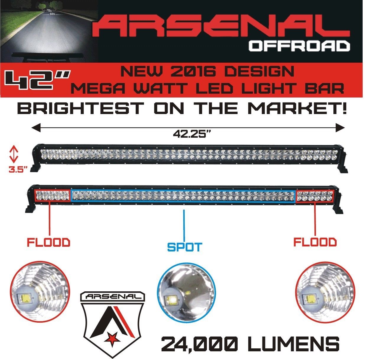 No.1 42 inch 240W MEGA WATT LED Light Bar by Arsenal Offroad TM spot flood