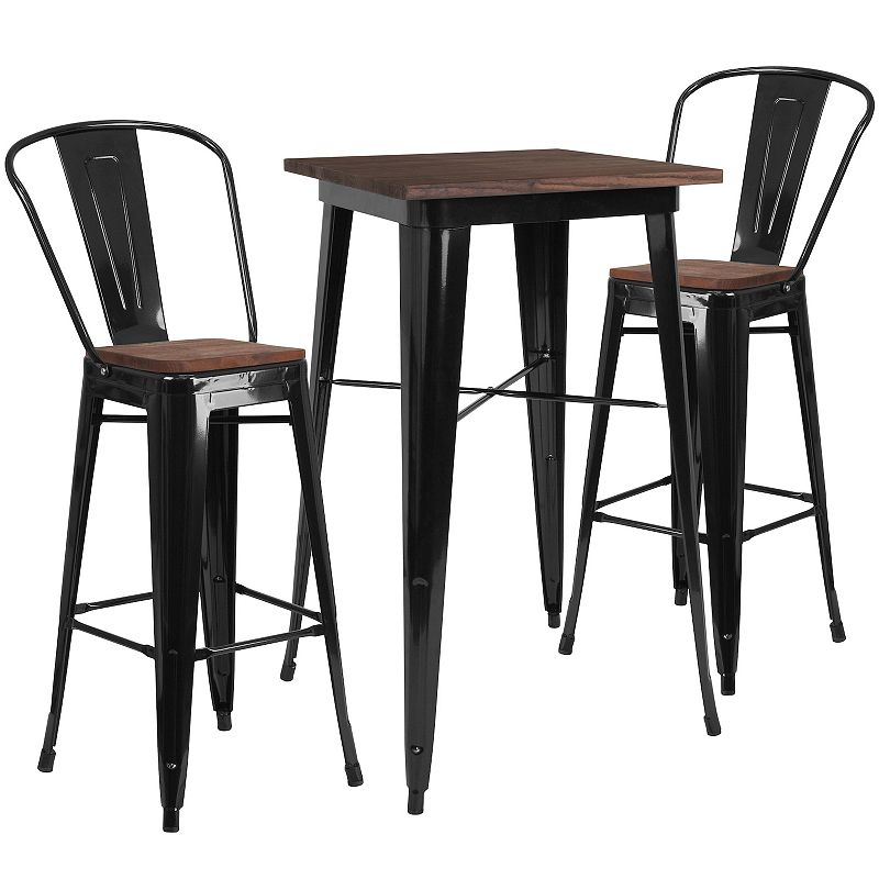 Emma and Oliver 23.5 Square Black Metal/Wood Bar Table Set - 2 Stools