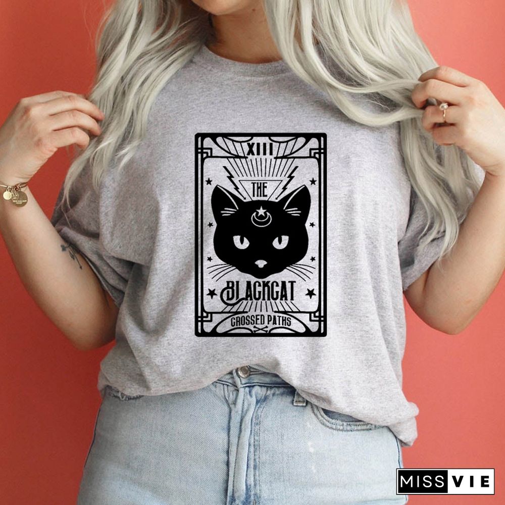 Spooky Crystal Ball Moon Cat Women T Shirts 90s Grunge Fashion Gothic Graphic Tee Pastel Goth Clothes Witch Wicca Saying Tops