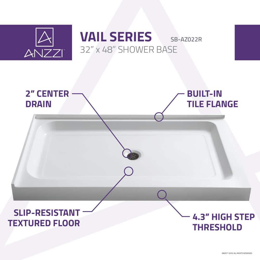 ANZZI Vail 36 in x 48 in Double Threshold Shower Base in White