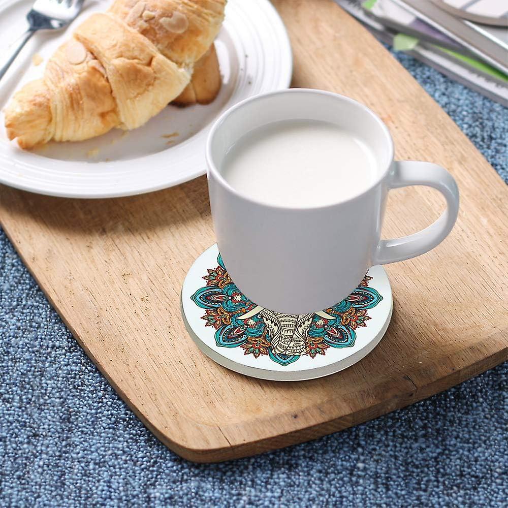 Printed Round Ethnic Elephant Ceramic Coasters With Cork-backed For Coffee Drink Cup Mat Absorbent Stone Coaster Set Of 1/2/4