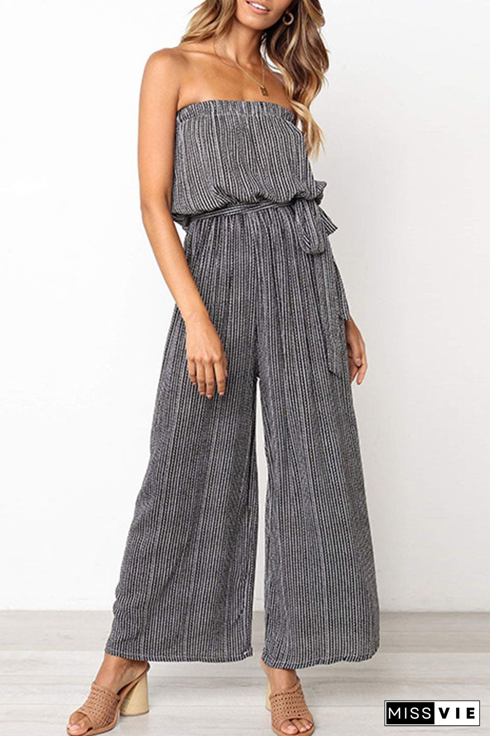 Fashion Street Striped With Belt Strapless Loose Jumpsuits