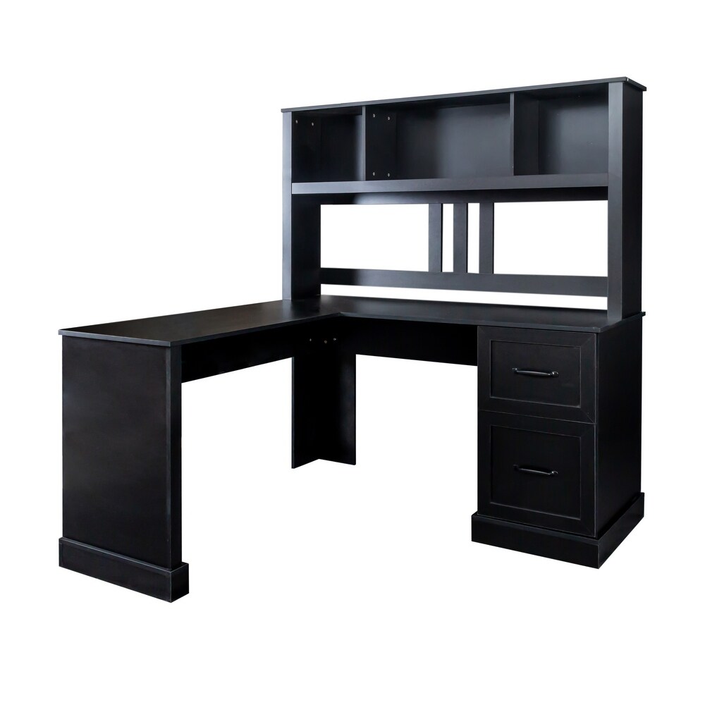 L Shape Home Office Computer Desk with Hutch Study Table with Drawers  Black