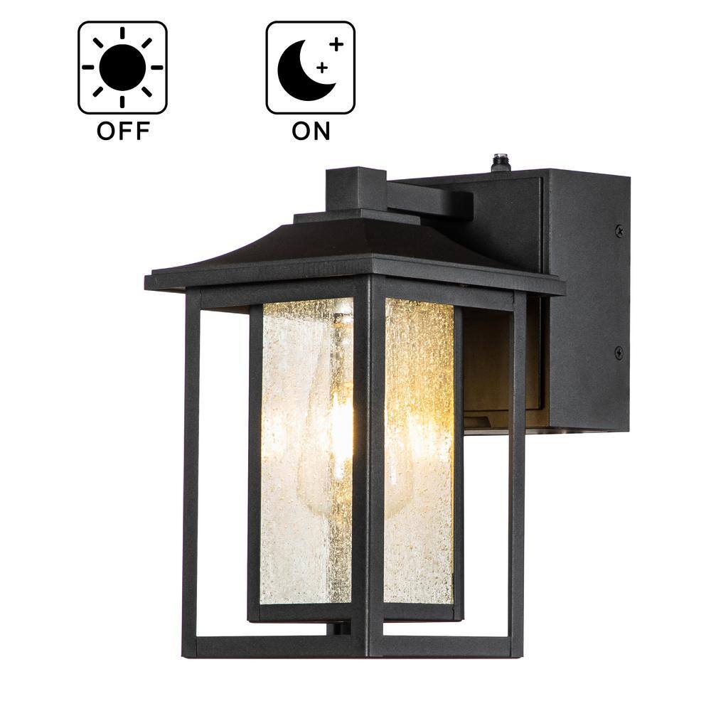 ALOA DECOR 1 Light Matte Black Dusk to Dawn Sensor Outdoor Wall Lantern Sconces with Seeded Glass and Built-in GFCI Outlets H7087W06A