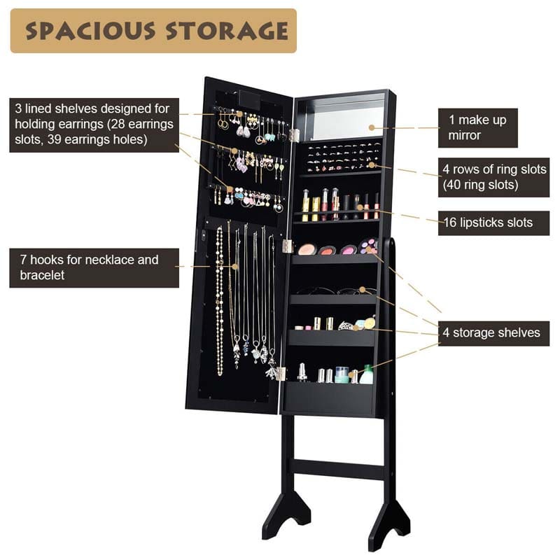 18 LEDs Large Standing Jewelry Armoire Cabinet with Full Length Mirror, 16 Lipstick Holder, 1 Inside Makeup Mirror