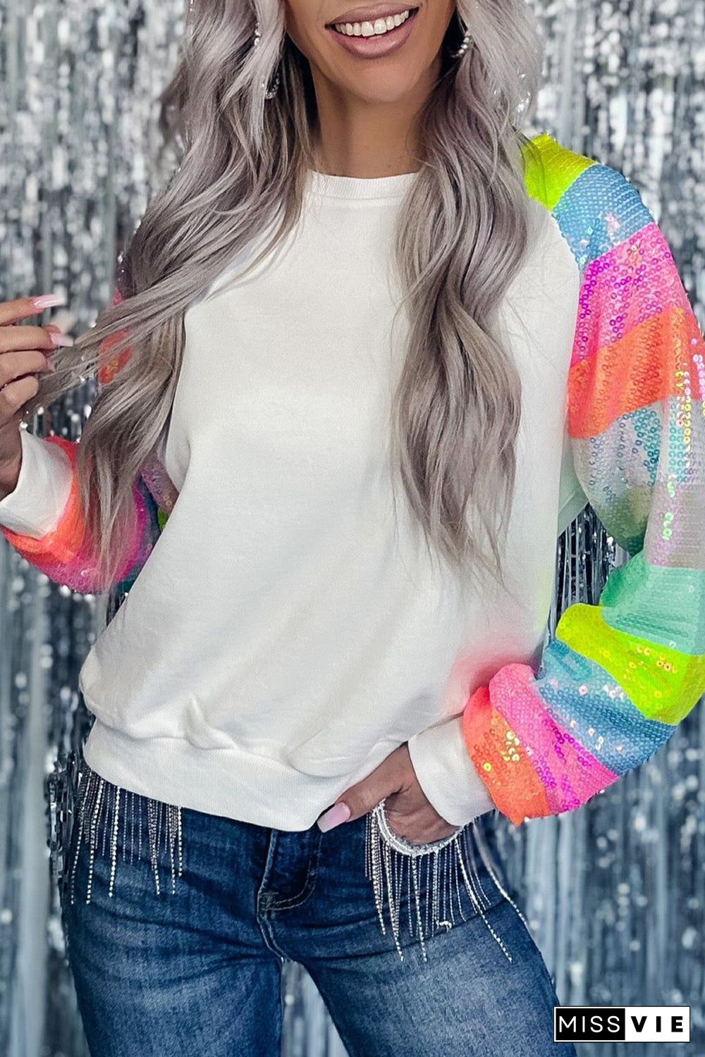 White Sequin Color Block Raglan Sleeve Pullover Sweatshirt