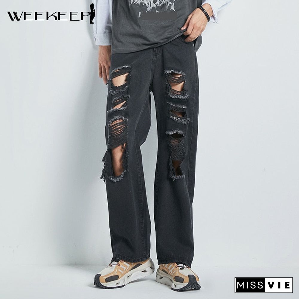 Weekeep Vintage Ripped Hole Jeans Women Baggy Cut Out High Waist Denim Pants Summer Korean Y2k Streetwear Fashion Straight Jeans