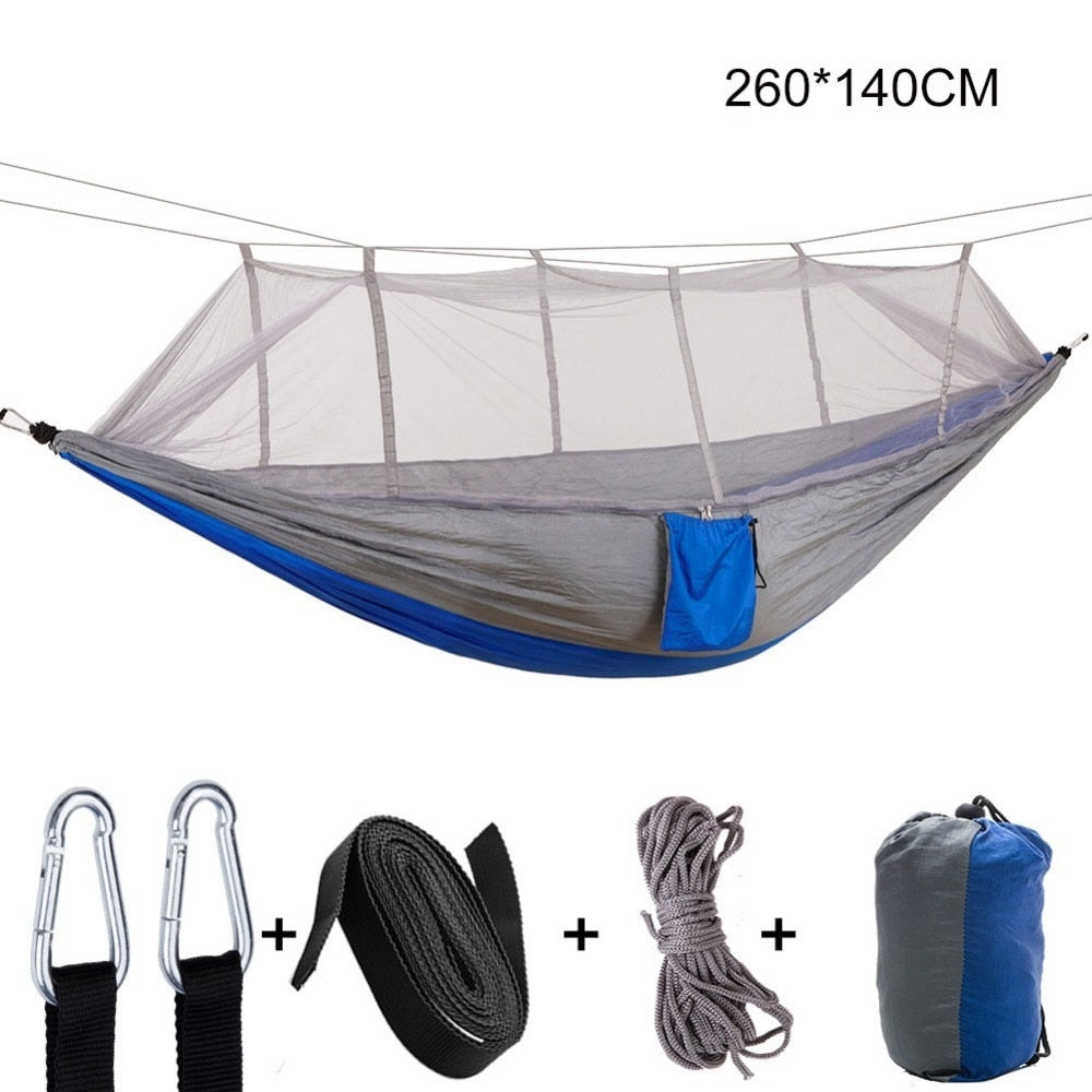 Gray Blue Camping Hammock Portable Hammock Mosquito Net Fabric Hanging Bed Outdoor Swing, Hammock