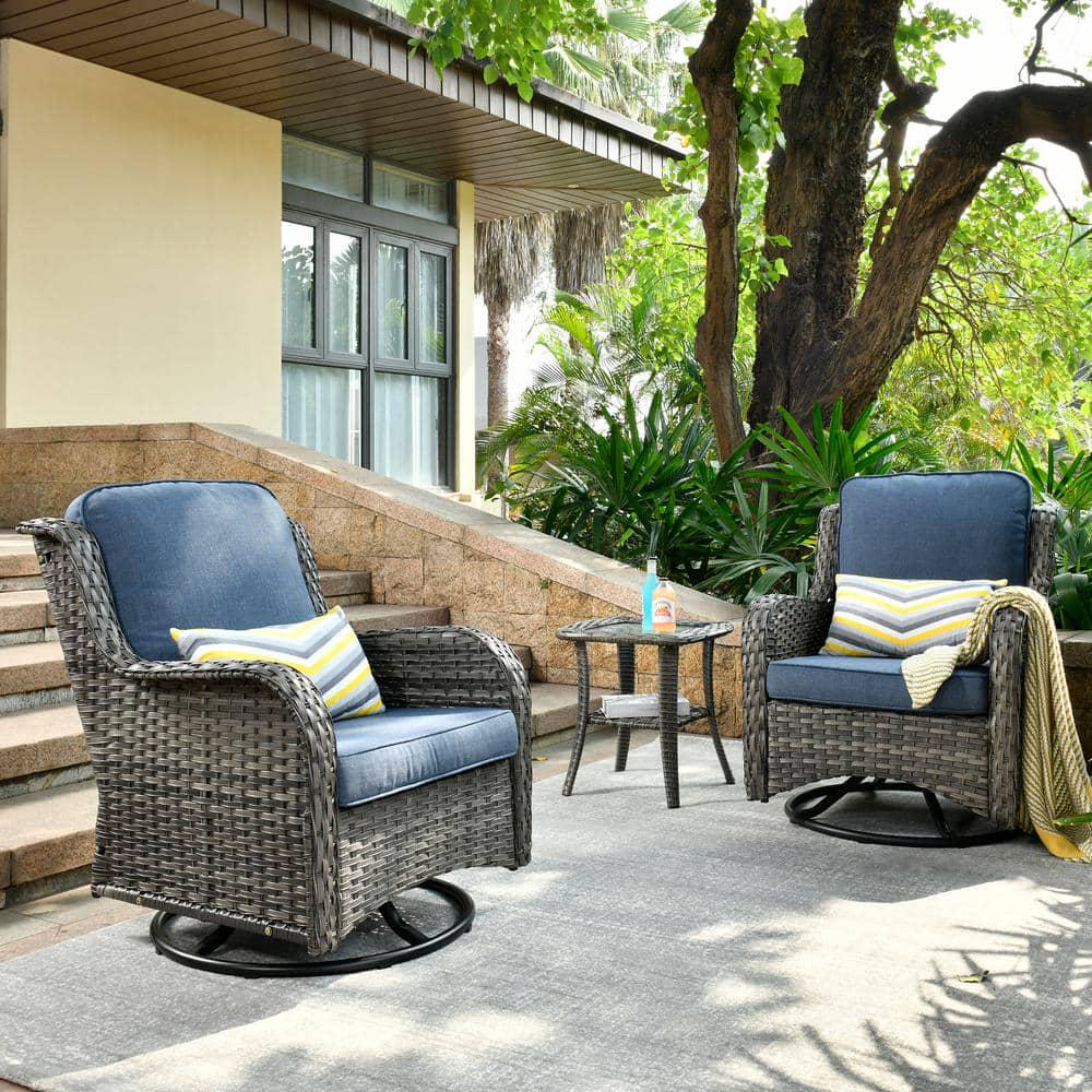 OVIOS Joyoung Gray 3Piece Wicker Outdoor Patio Conversation Seating Set with Denim Blue Cushions and Swivel Rocking Chairs