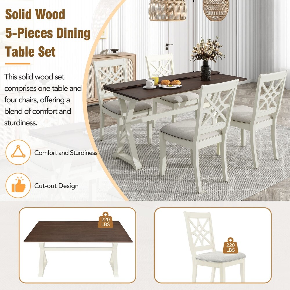 Classic 5 Piece 62*35.2inch Extendable Wood Dining Set with Rectangular Console Table w/ X shape Legs  Upholstered Dining Chairs