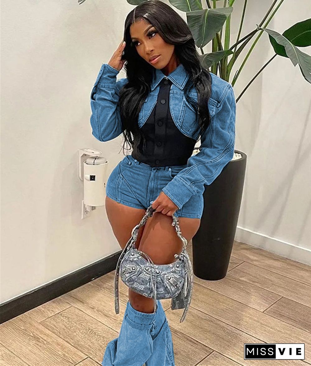 Denim Patchwork Jackets Shorts Two Piece Set