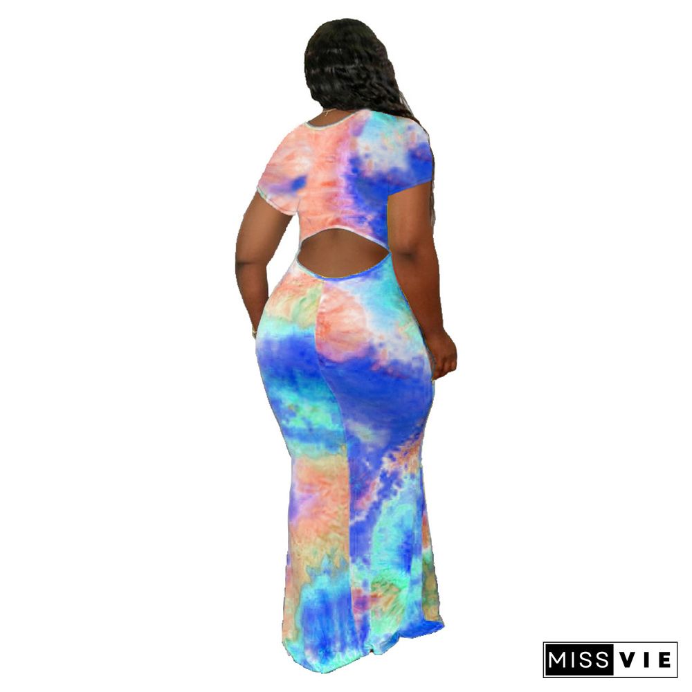 Tie Dye Lips Print Short Sleeve Cut Out Maxi Dresses