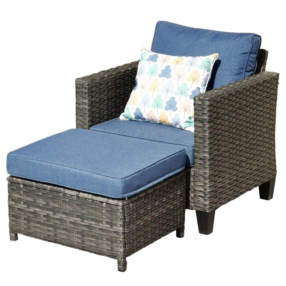 XIZZI Megon Holly 6-Piece Wicker Outdoor Patio Fire Pit Seating Sofa Set with Denim Blue Cushions FPGRS306DB