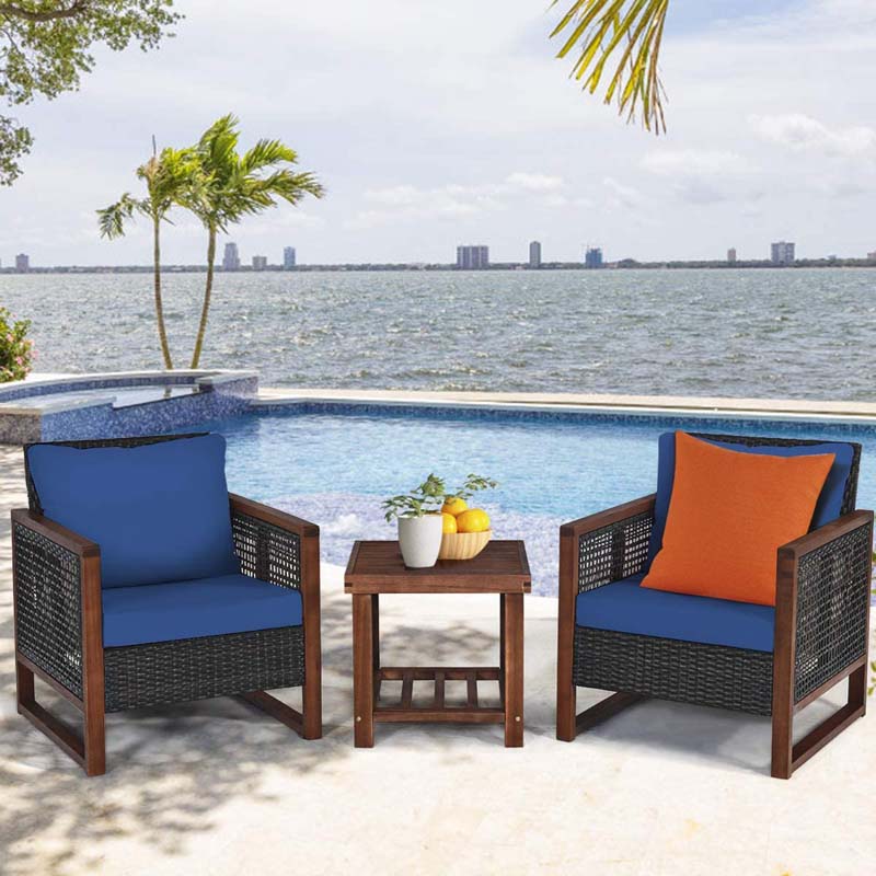 3 Pcs Rattan Patio Furniture Sofa Set Outdoor Conversation Bistro Set with Acacia Wooden Frame & Cushions