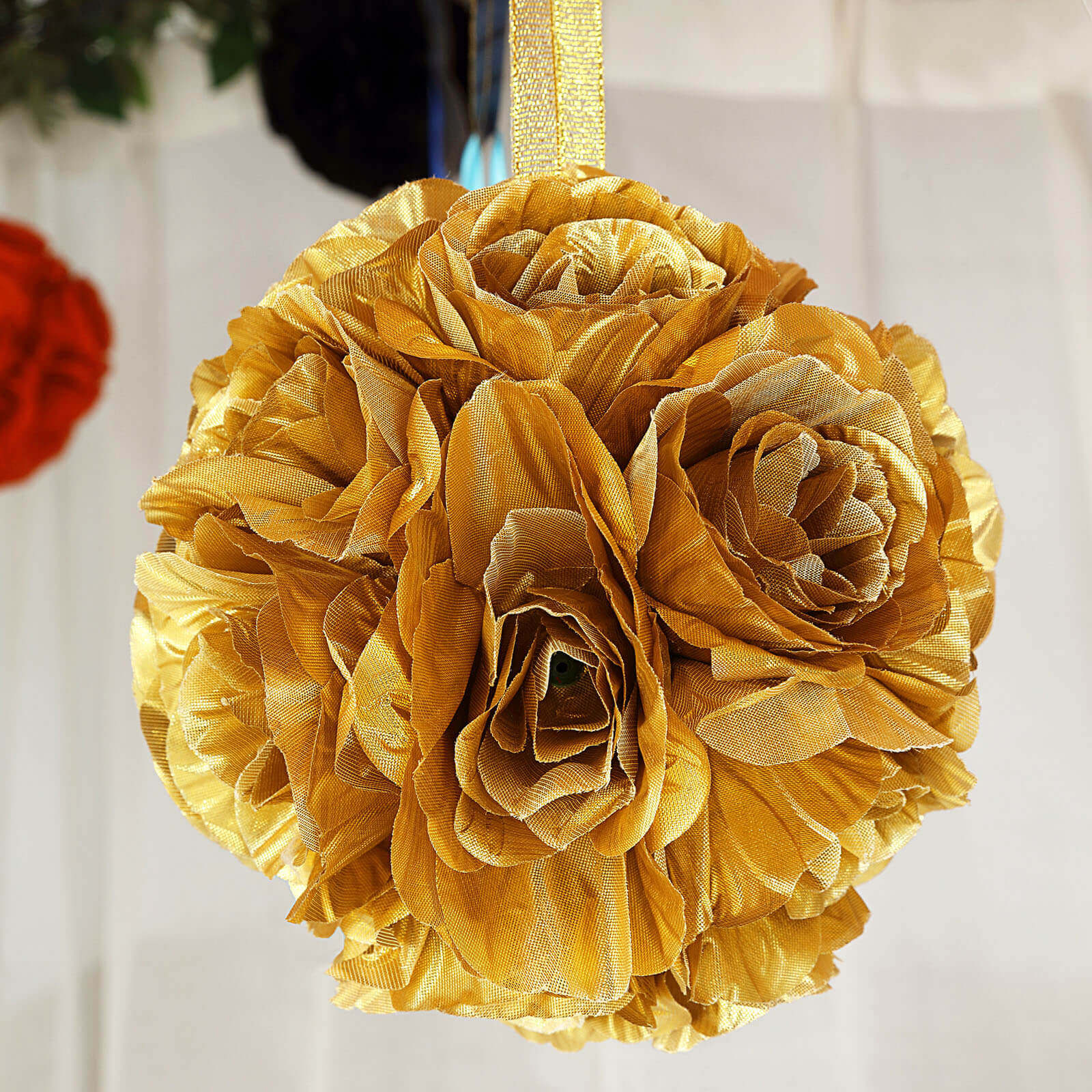 2 Pack Gold Artificial Silk Rose Kissing Ball, Faux Flower Ball 7