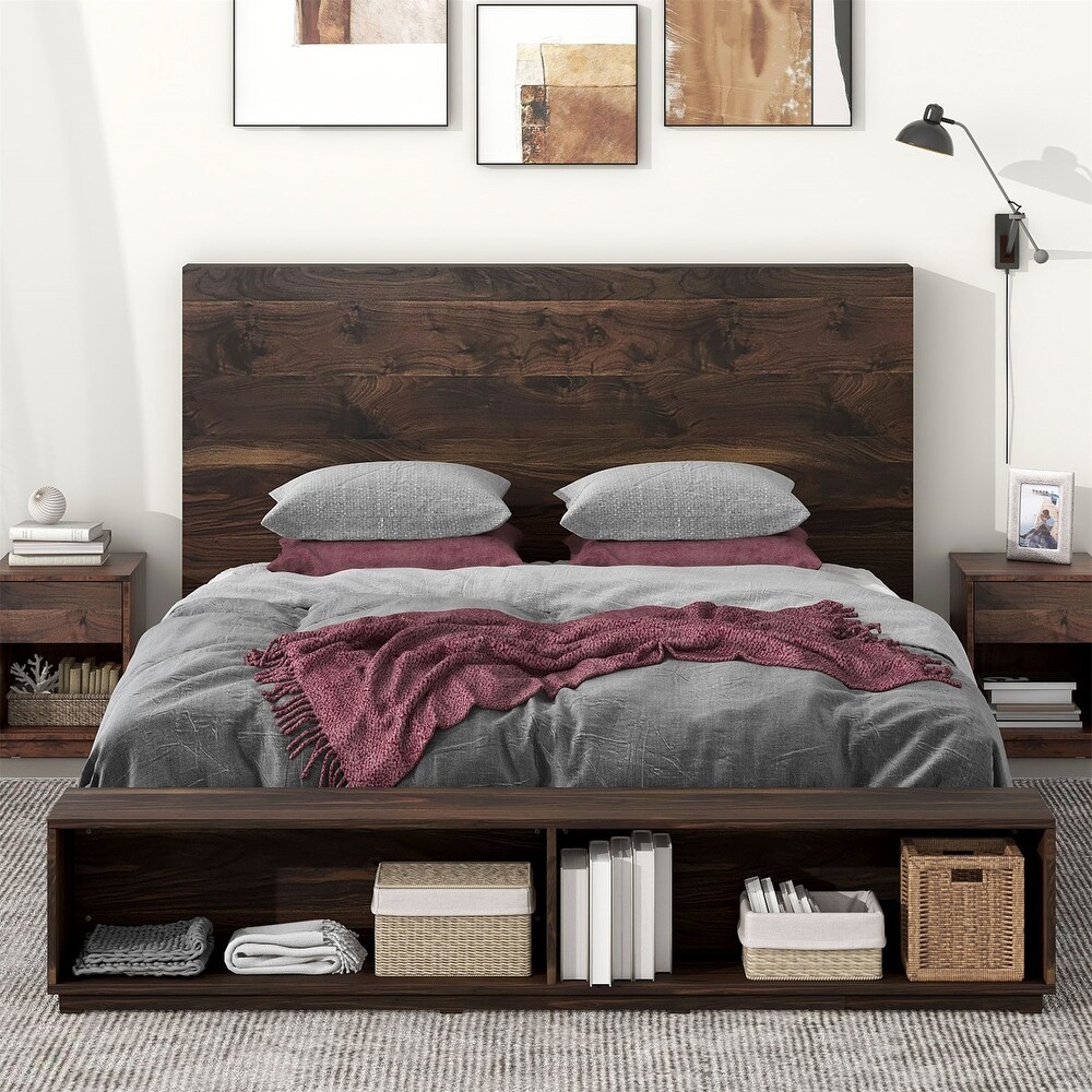 Walnut Wooden King Platform Bed with Storage Bench