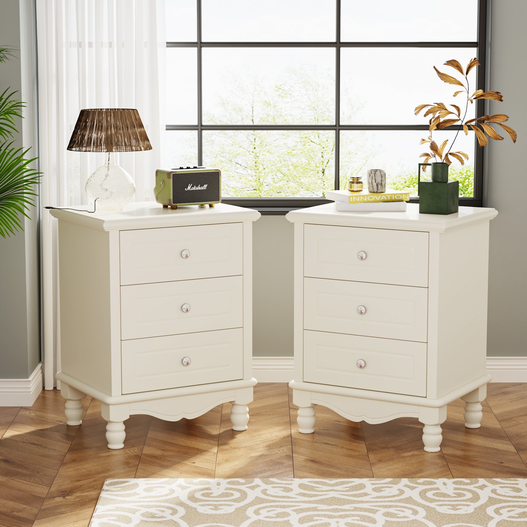 3-Drawer Nightstand, All-Wood Bedside Table Farmhouse End Table