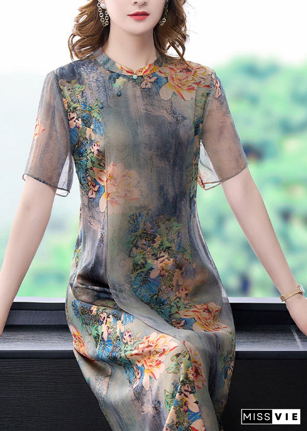 Women Light Grey Stand Collar Tie Dye Print Slim Fit Silk Dress Summer