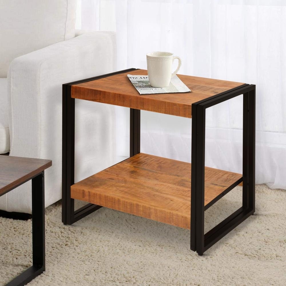 24 Inch Wooden Farmhouse Side Table with Open Compartment， Brown and Bronze - 16 L X 24 W X 24 H Inches