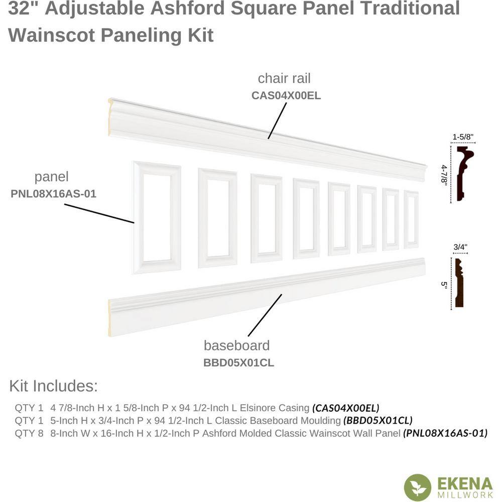 Ekena Millwork 94 12 in. (Adjustable 32 in. to 36 in.) 21 sq. ft. Polyurethane Ashford Square Panel Wainscot Kit Primed WPKUSQ051P032