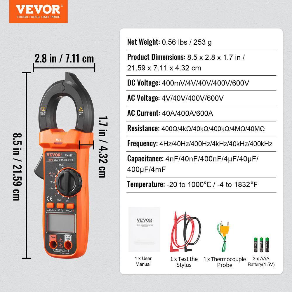 VEVOR 600 Amp Digital Clamp Meter DCAC Multimeter True RMS Auto Ranging 4000 Max Reading NCV Measurement LED Backlight QXBFZDKCWAC60TQ7CV0