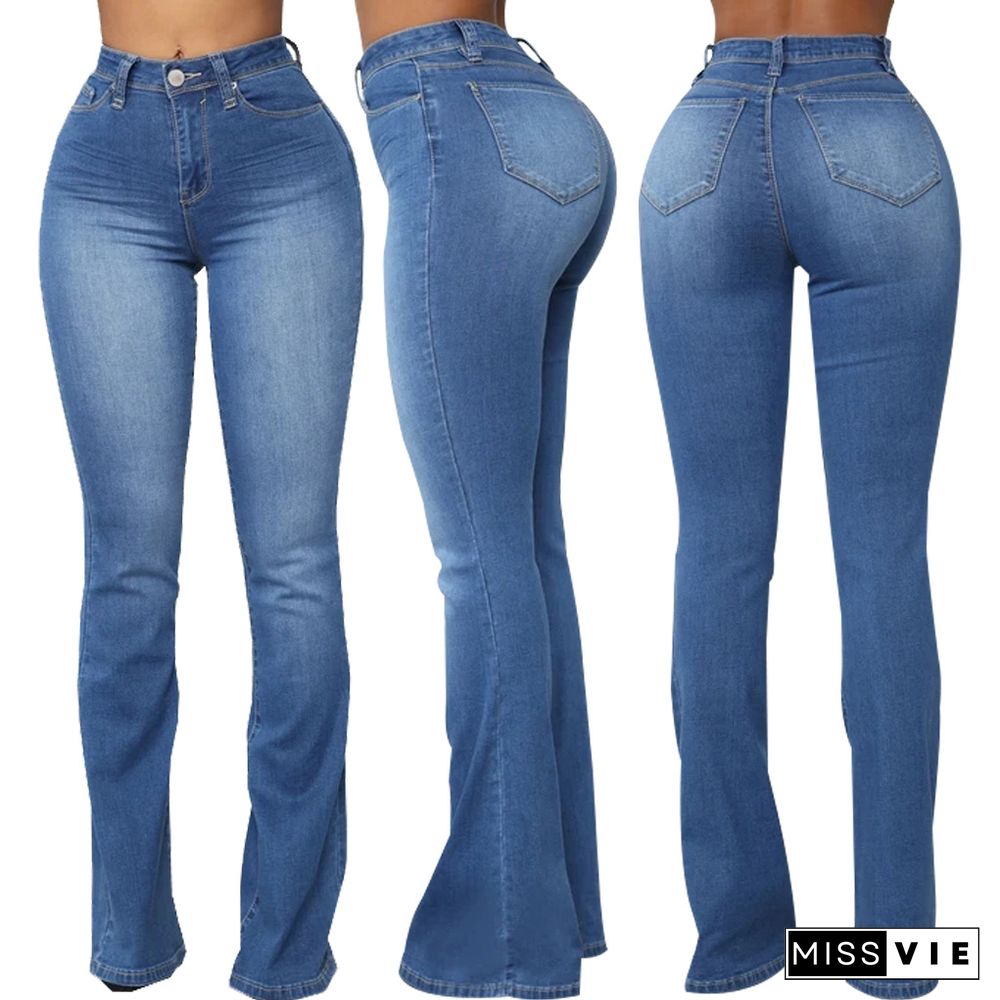 High Waist Full Length Slim Flare Jeans Pants