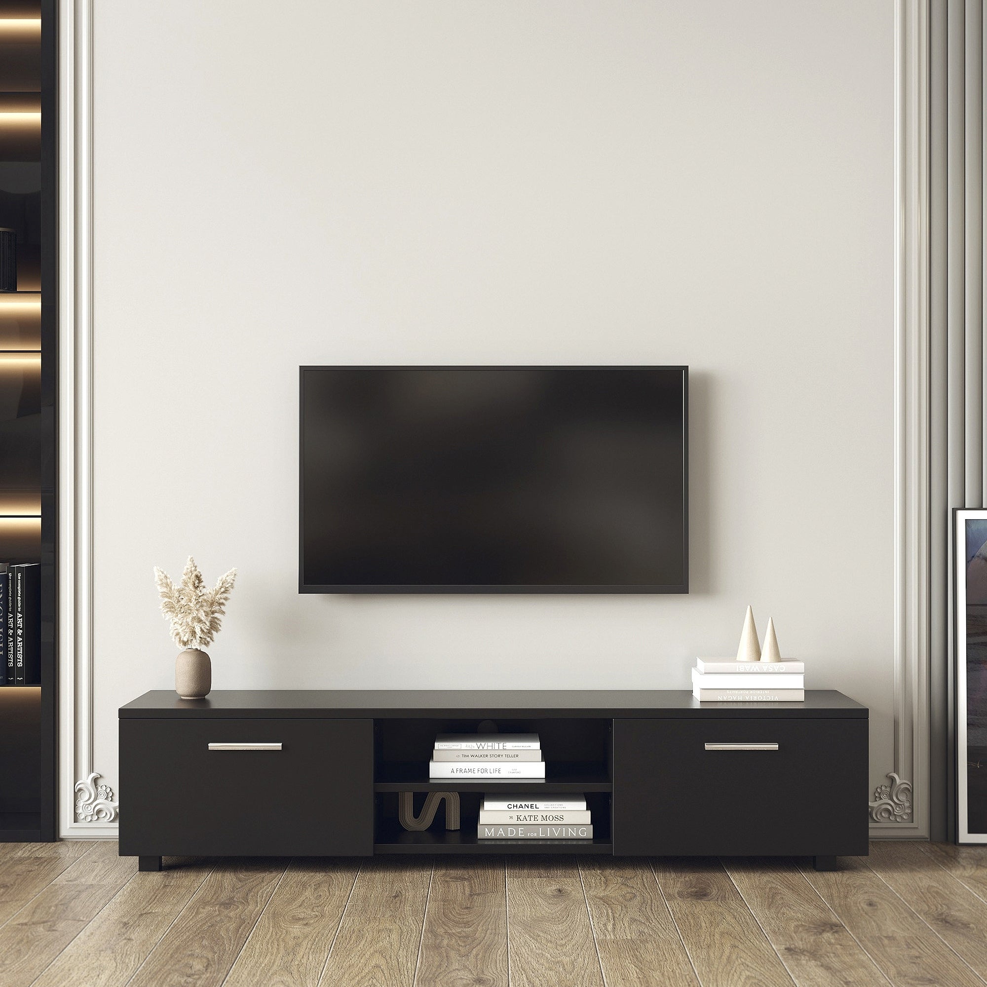 Black TV Stand Media Entertainment Center Console Table with 2 Storage Cabinet， Open Shelves for 70