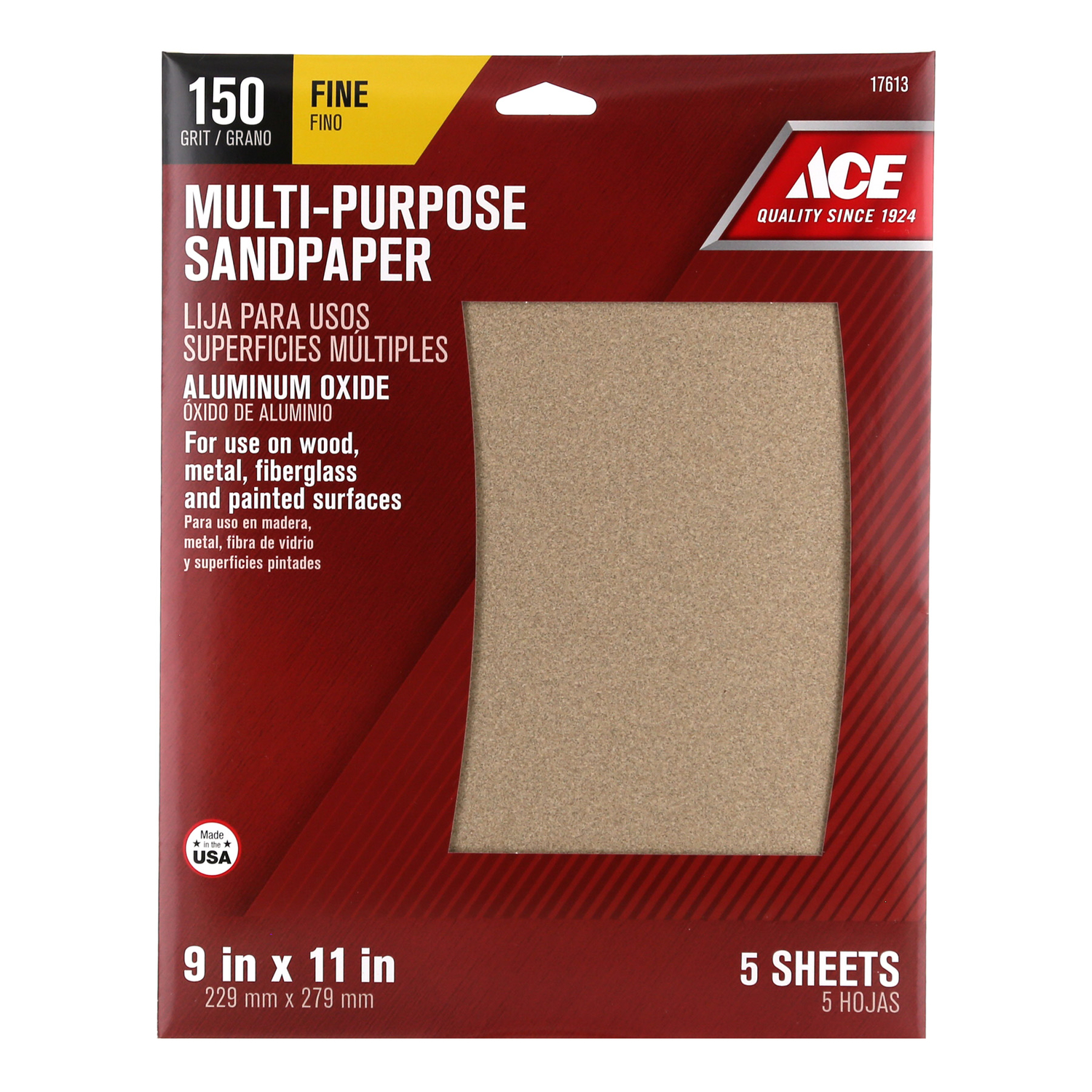 Ace 11 in. L X 9 in. W 150 Grit Aluminum Oxide Sandpaper 5 pk