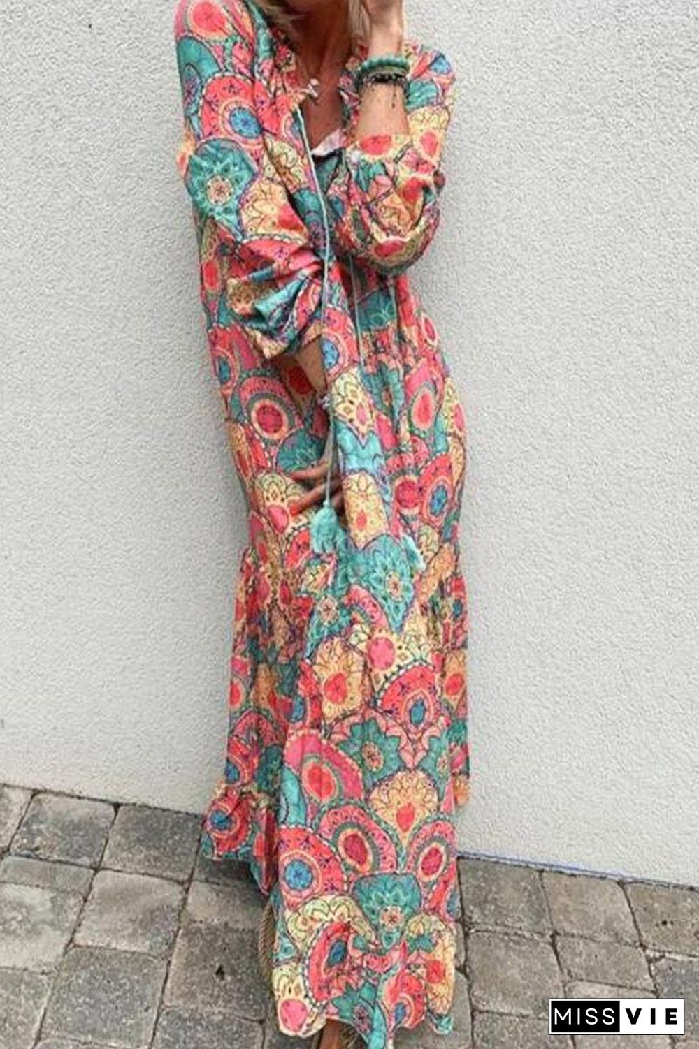 Lace-Up Neckline Long Sleeve Maxi Dress