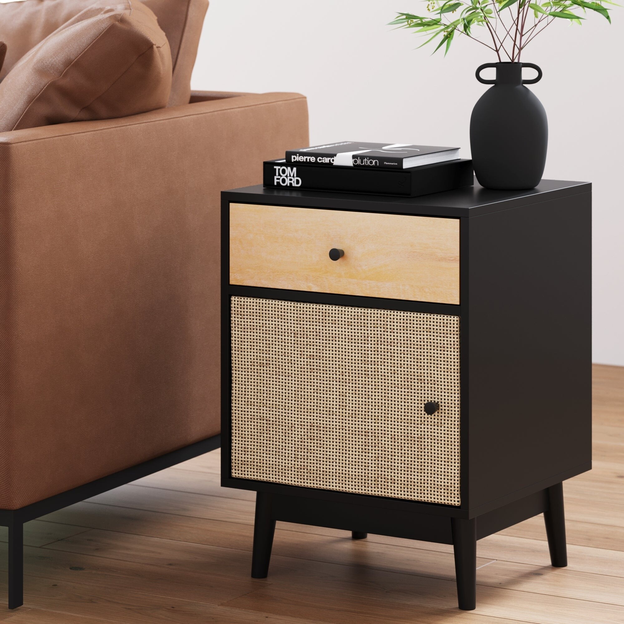 Nathan James Bonnie Bedside Table with Mango Wood Drawer and Rattan Cane Cabinet Door