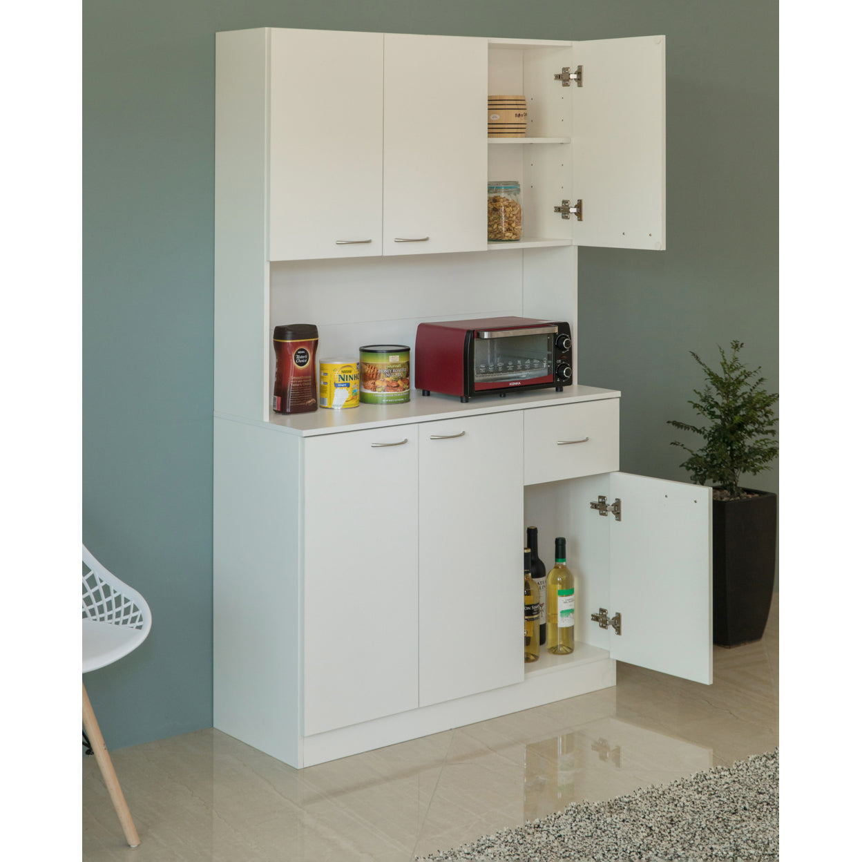 Wooden Kitchen Pantry Storage Cabinet with Drawer， Doors and Shelves， White