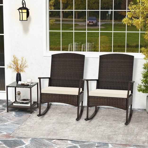 Costway 3 Piece Patio Rocking Set Wicker Rocking Chairs With 2 tier Coffee Table Turquoise off White